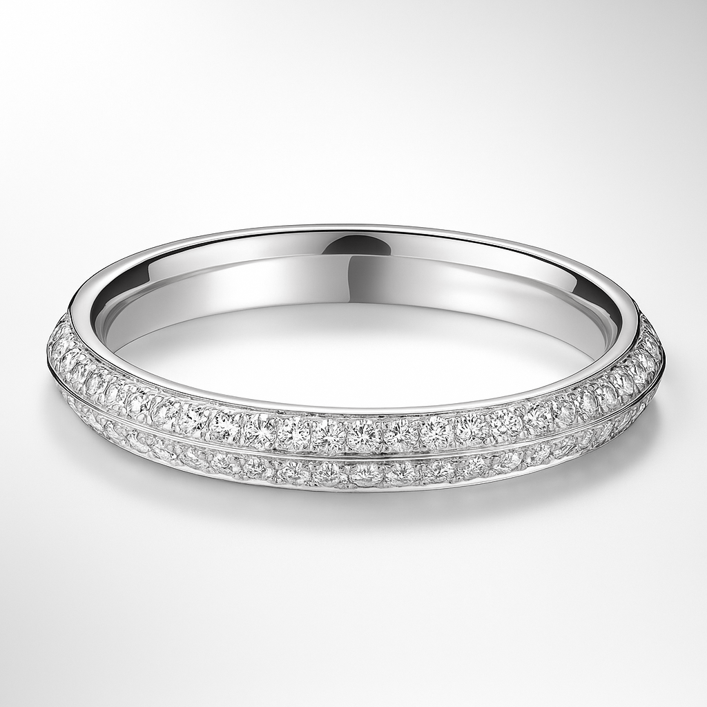 Platinum wedding ring with diamond accents on a light grey background