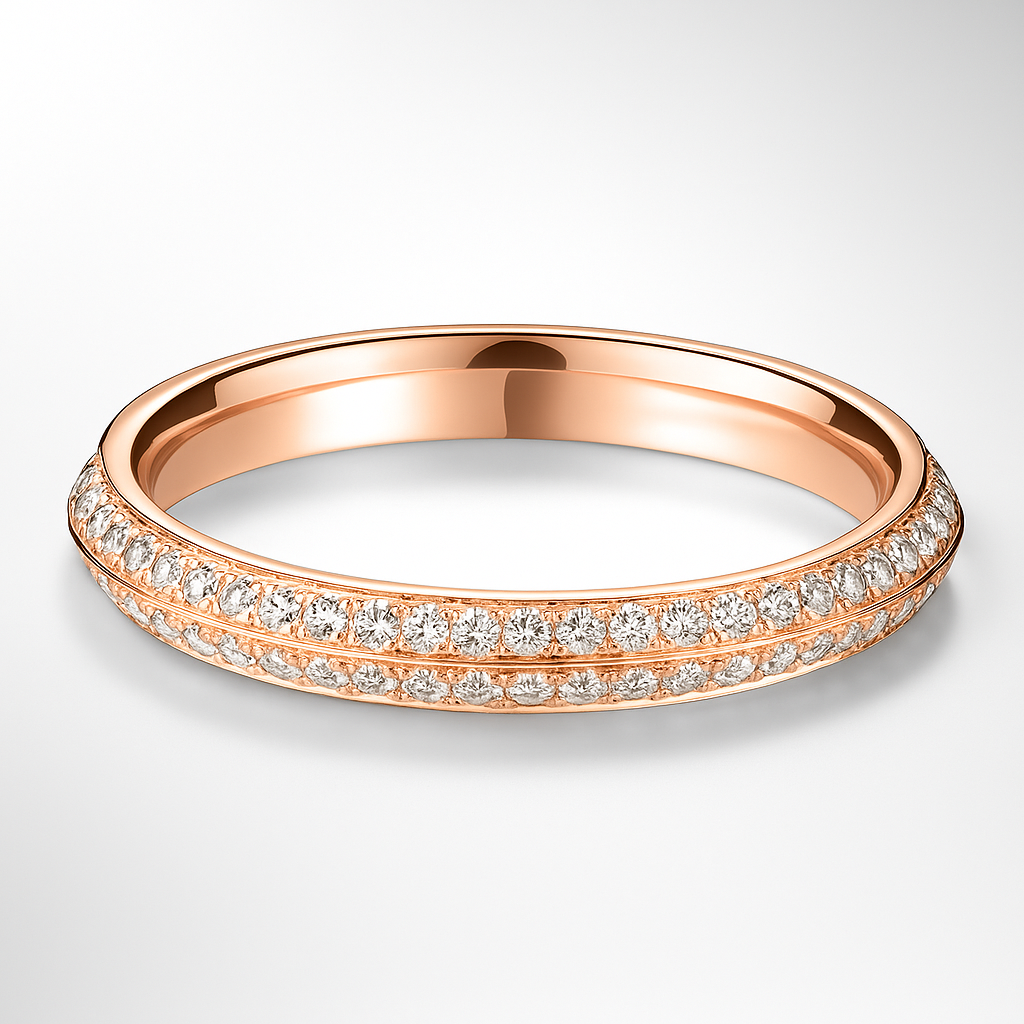 Rose gold wedding ring with diamond accents on a light grey background