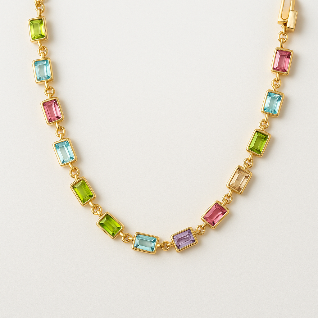 Silver Yellow Gold Plated Multi Baguette Stone Necklace