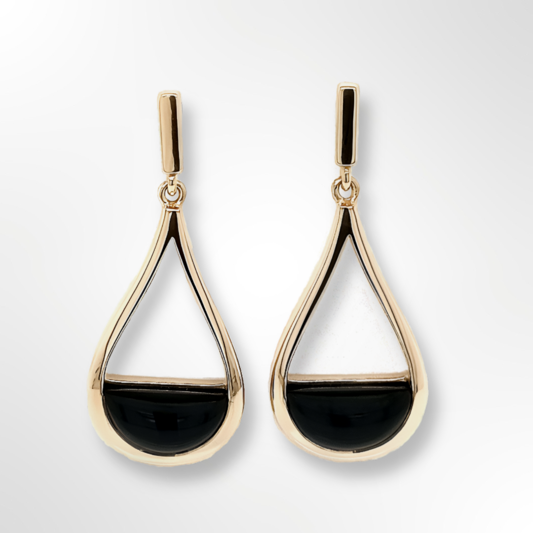 Silver Yellow Gold Plated Pear Shape and Onyx Drop Earrings
