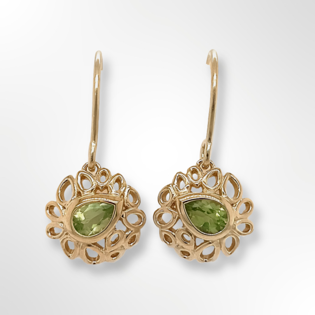 Silver Yellow Gold Plated with Pear Shape Peridot in Multi Pear Design Drop Earrings