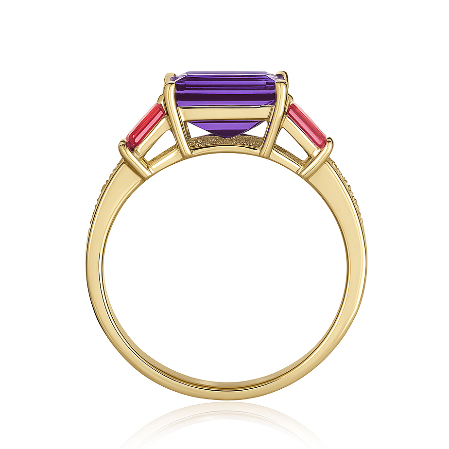 Gold ring with a purple gemstone and red side stones on a white background