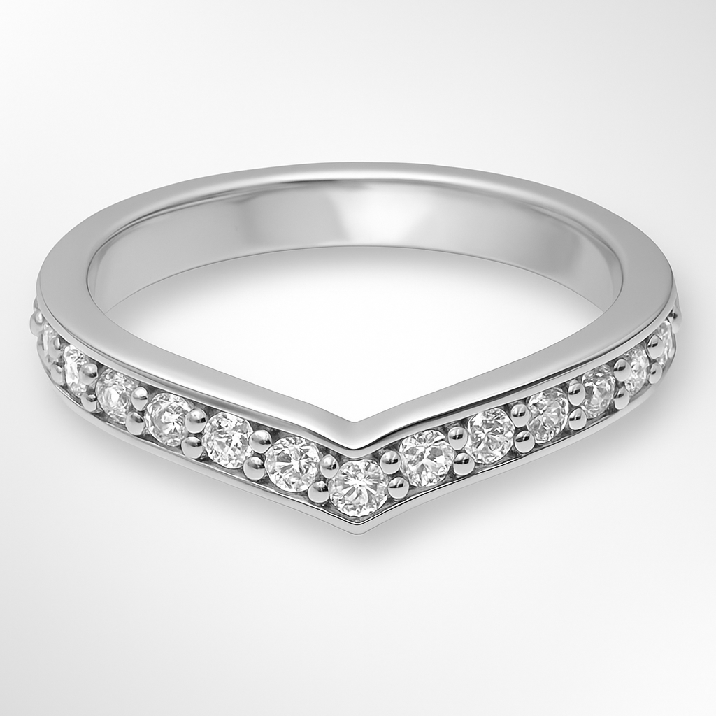 Platinum V Shaped Diamond Wedding Ring on a White Background