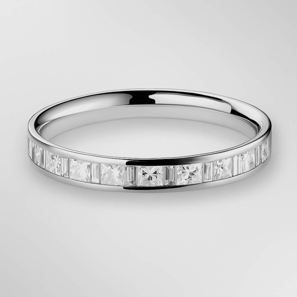 Platinum Princess and Baguette Diamond Ring on a Grey Background