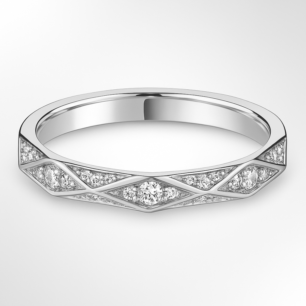 Platinum Geometric Pattern Diamond Wedding Ring on a White Background