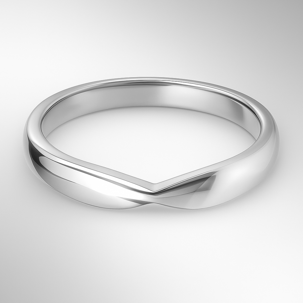 Platinum shaped wedding ring on a light grey background