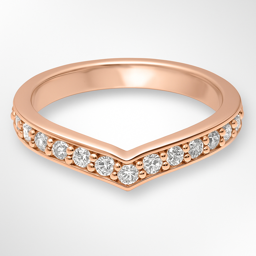 Rose Gold V Shaped Diamond Wedding Ring on a White Background