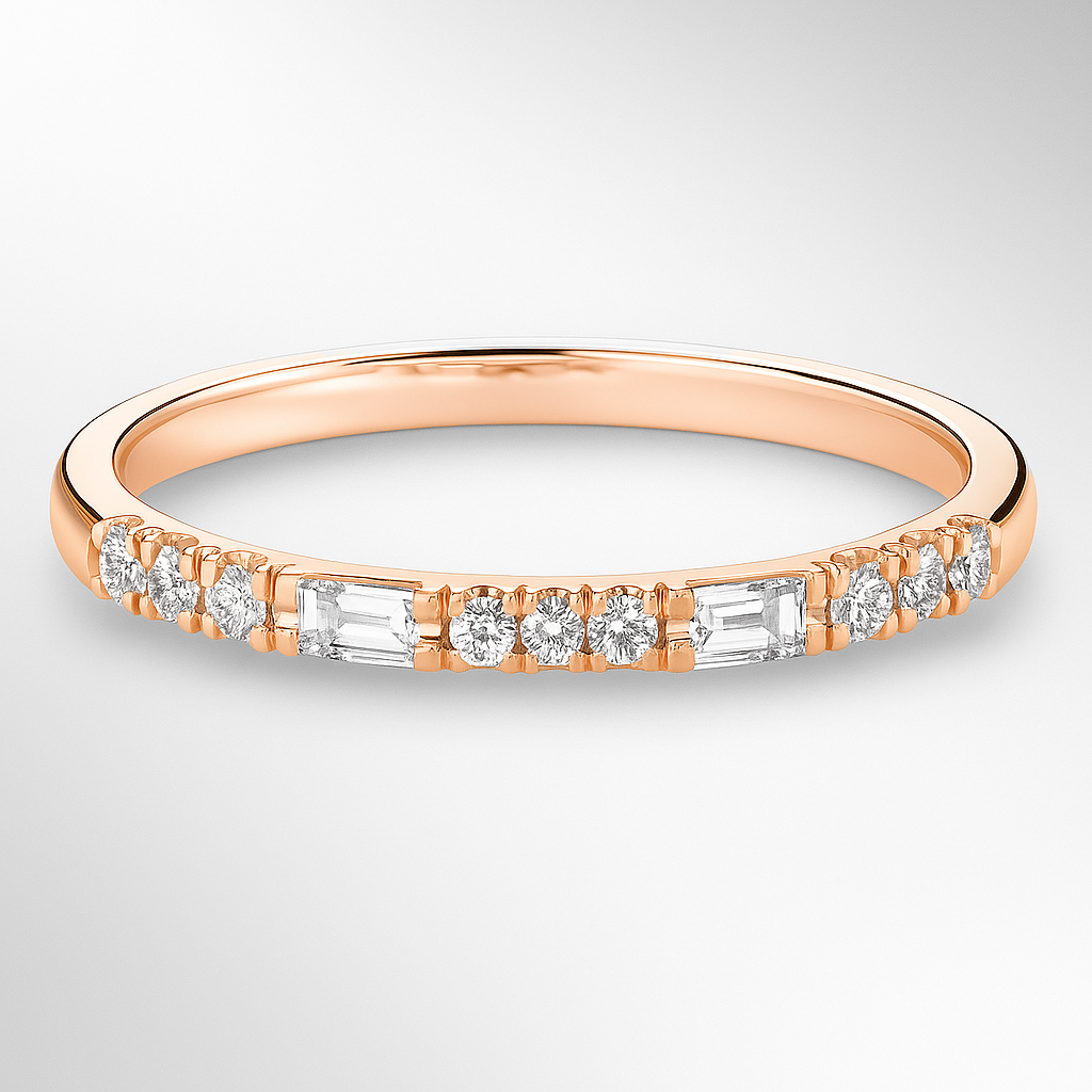 Rose Gold Round and Baguette Diamond Ring on a White Background