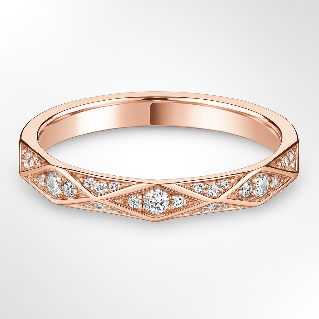 Rose Gold Geometric Pattern Diamond Wedding Ring on a White Background