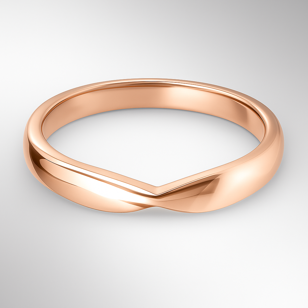 Rose gold shaped wedding ring on a light grey background