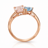 Rose gold ring with pink and blue gemstones on a white background