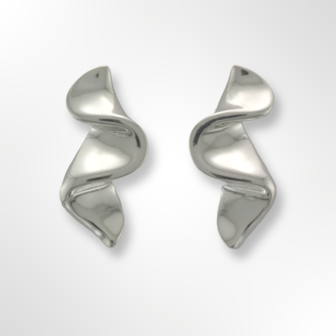 Silver Highly Polished Wave Stud Earrings