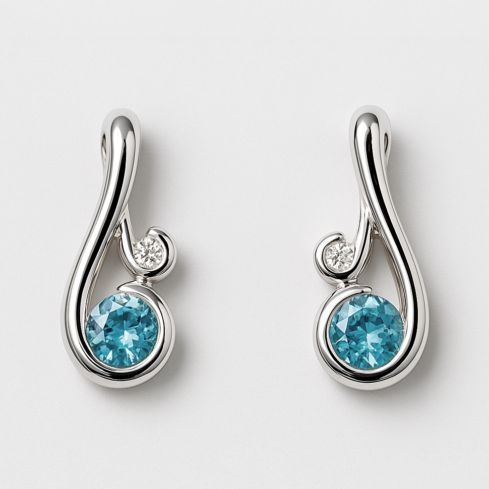 Pair of silver earrings with blue gemstones on a light grey background