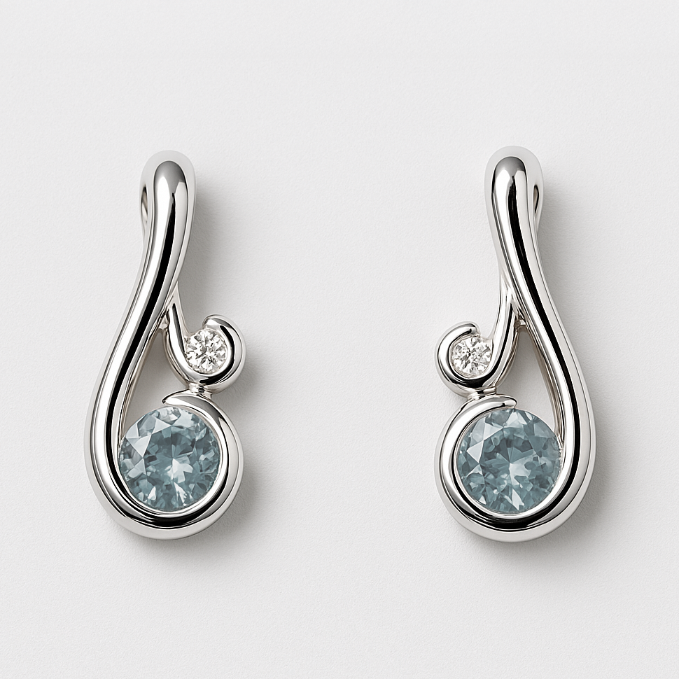 Pair of silver earrings with blue gemstones on a light gray background