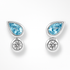 Pair of earrings with blue teardrop-shaped gemstones and clear round stones on a white background