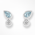 Pair of earrings with teardrop-shaped blue gemstones and round clear gemstones on a white background