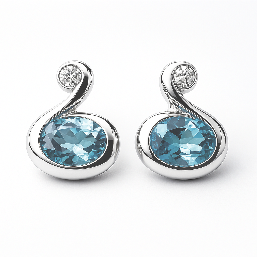 Pair of silver earrings with blue gemstones on a white background