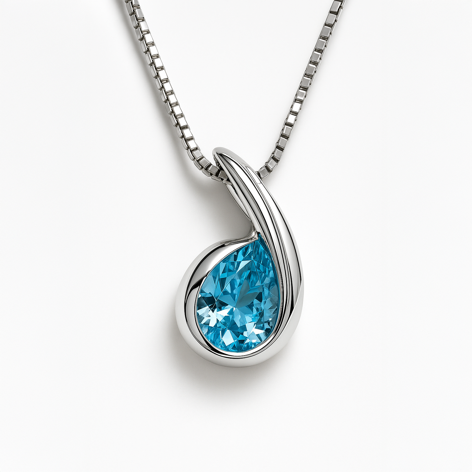 Silver necklace with a blue gemstone pendant on a white background