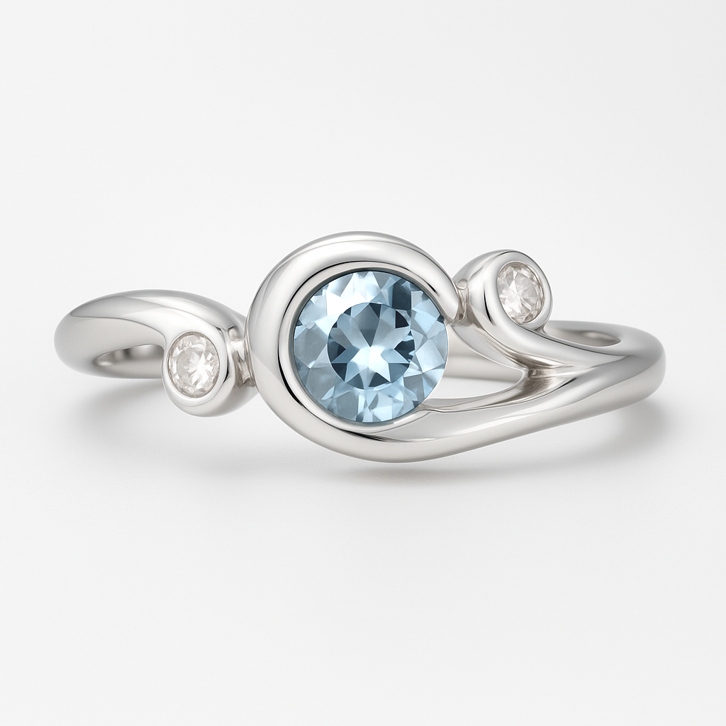 Silver ring with a blue gemstone and smaller clear stones on a white background