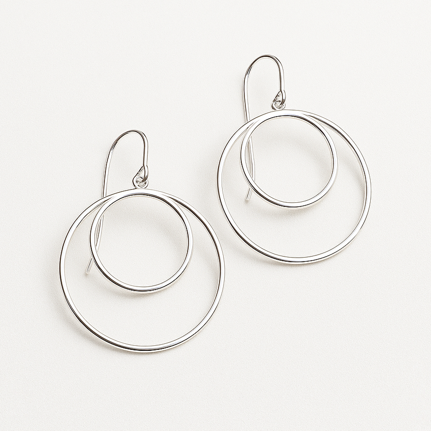 Silver Double Circle Drop Earrings on white background