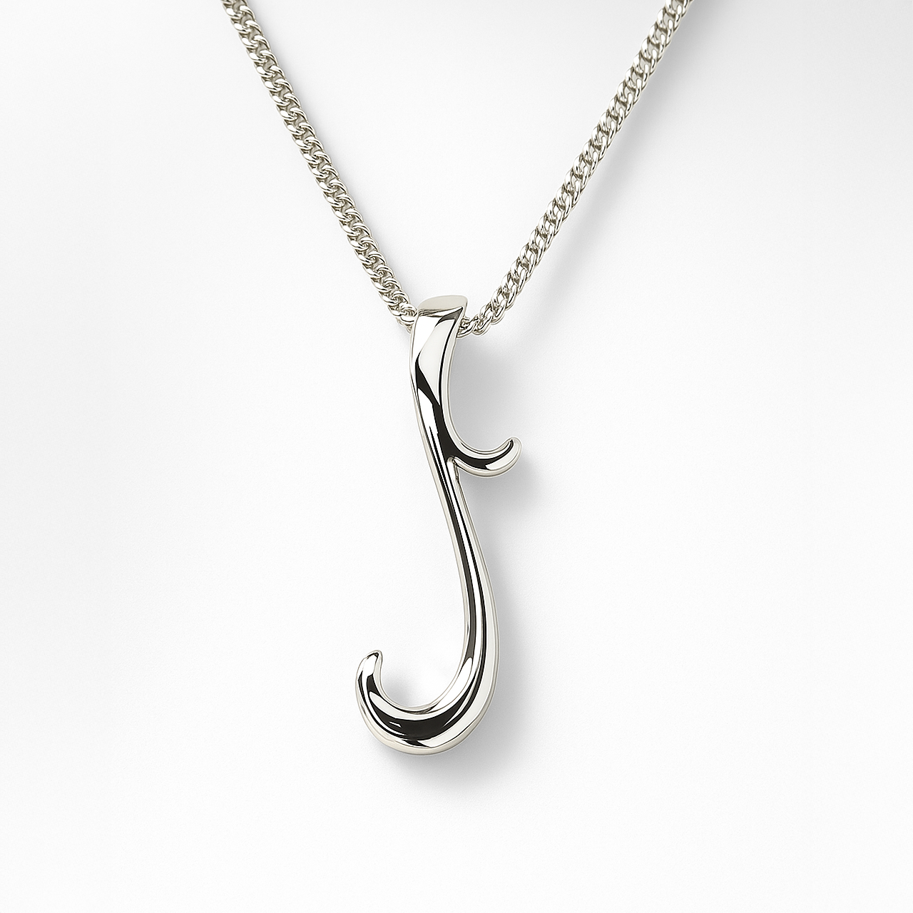 Silver necklace with a curl shape pendant on a white background