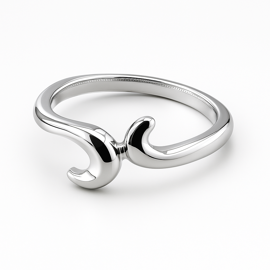Silver ring with a unique design on a white background
