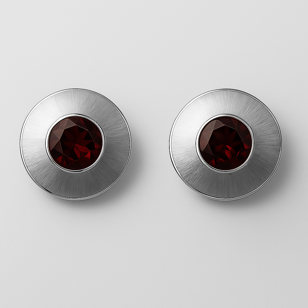 Pair of silver circular earrings with red gemstones on a light grey background