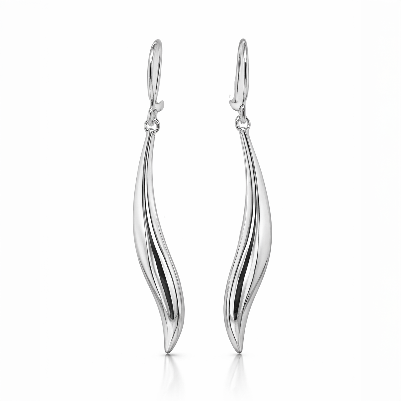 Silver wave-shaped earrings on a white background