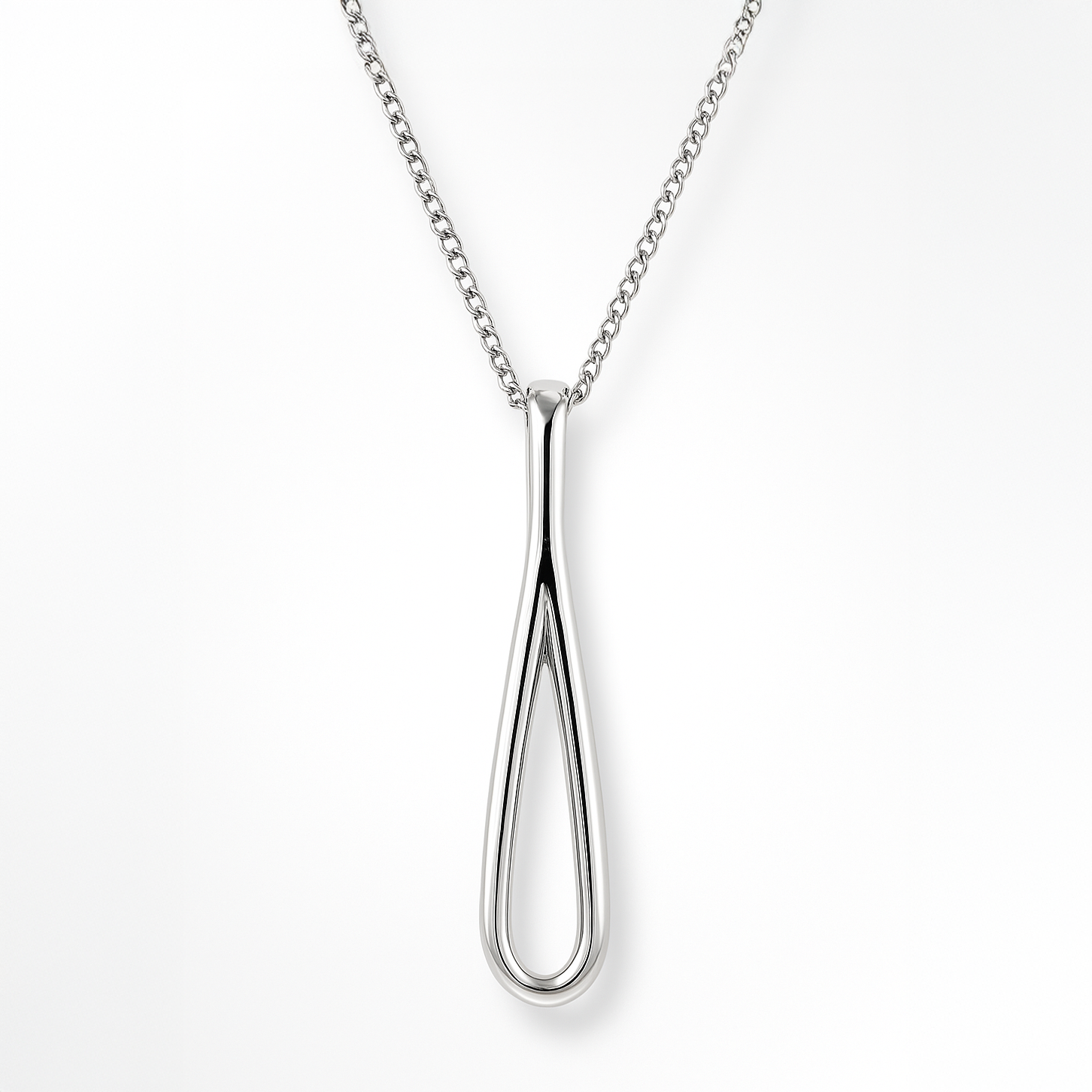 Silver teardrop pendant necklace on a white background