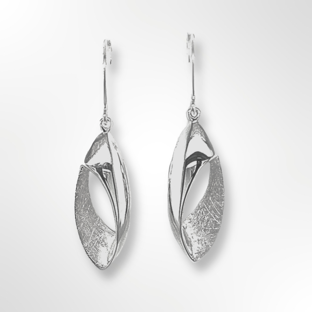 Silver Marquise Polish & Texture Open Ellipse Drop Wire Earrings 