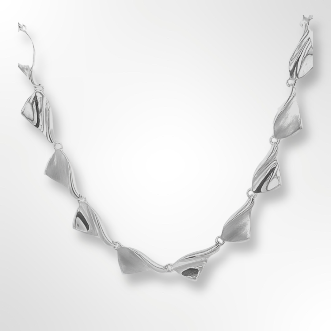 Silver Satin & Polish Curved Triangle Link Necklace