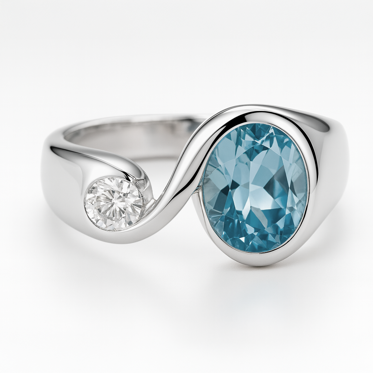 Silver ring with a blue gemstone and white stone on a white background