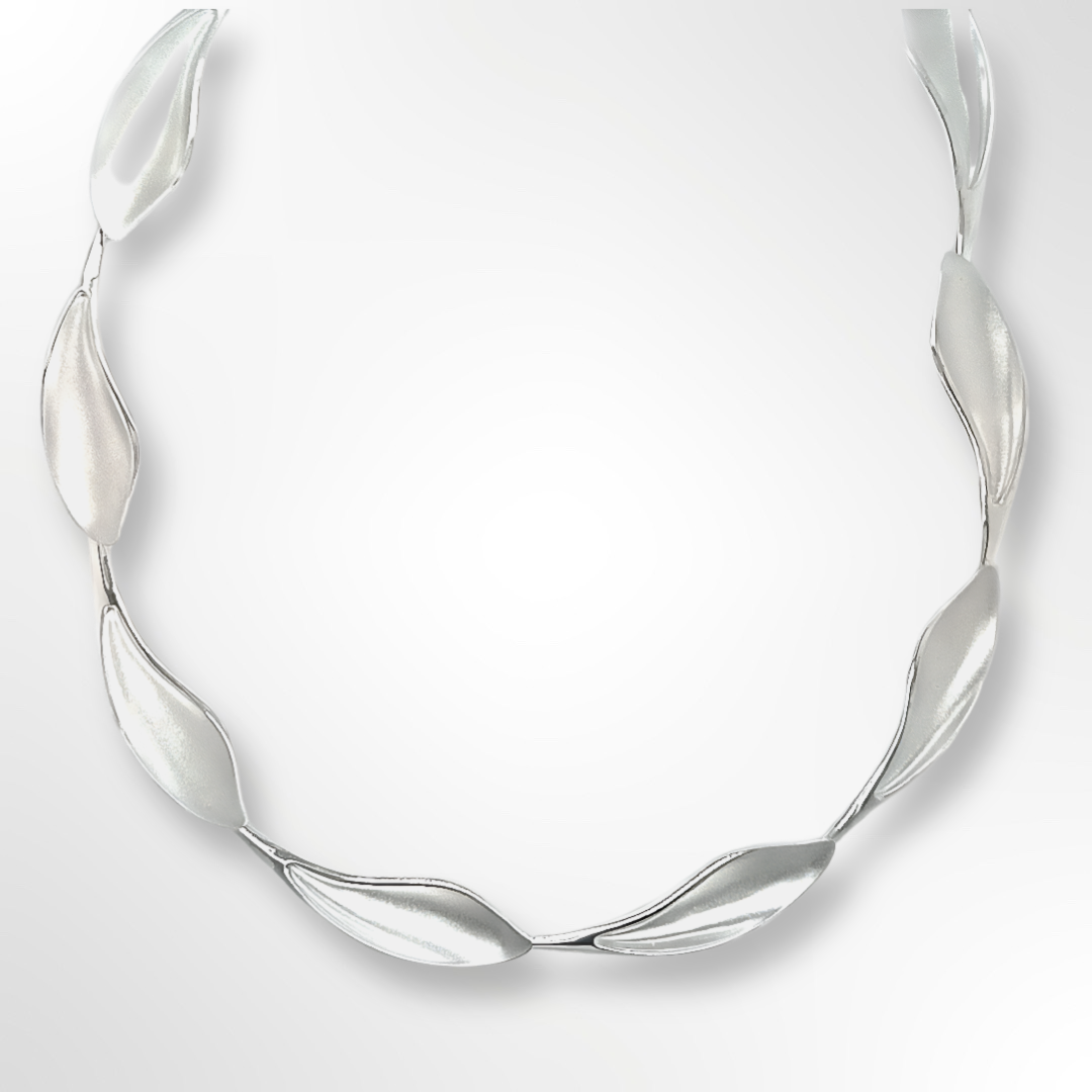 Sterling Silver Matt Concave Leaf Shaped Link Necklace