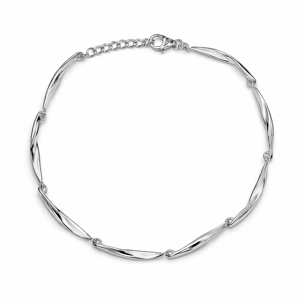 Silver Satin Polished Twist Link Bracelet on a white background