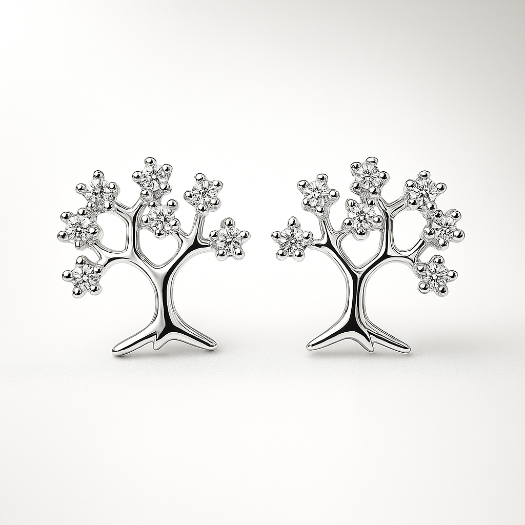 Silver tree-shaped earrings with cubic zirconia stones on a white background