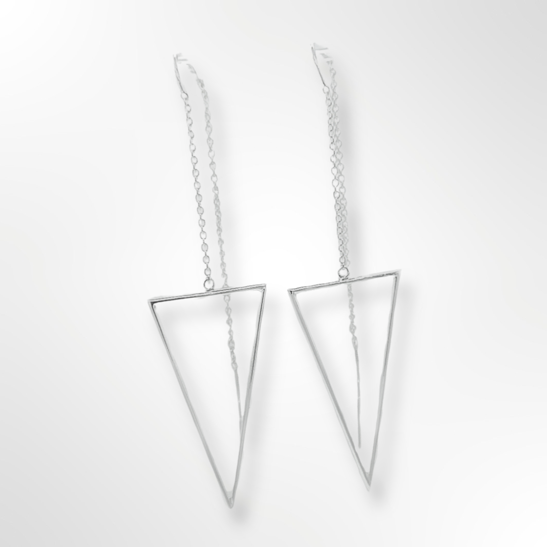 Silver Triangle Shape with Chain and Bar Drop Earrings