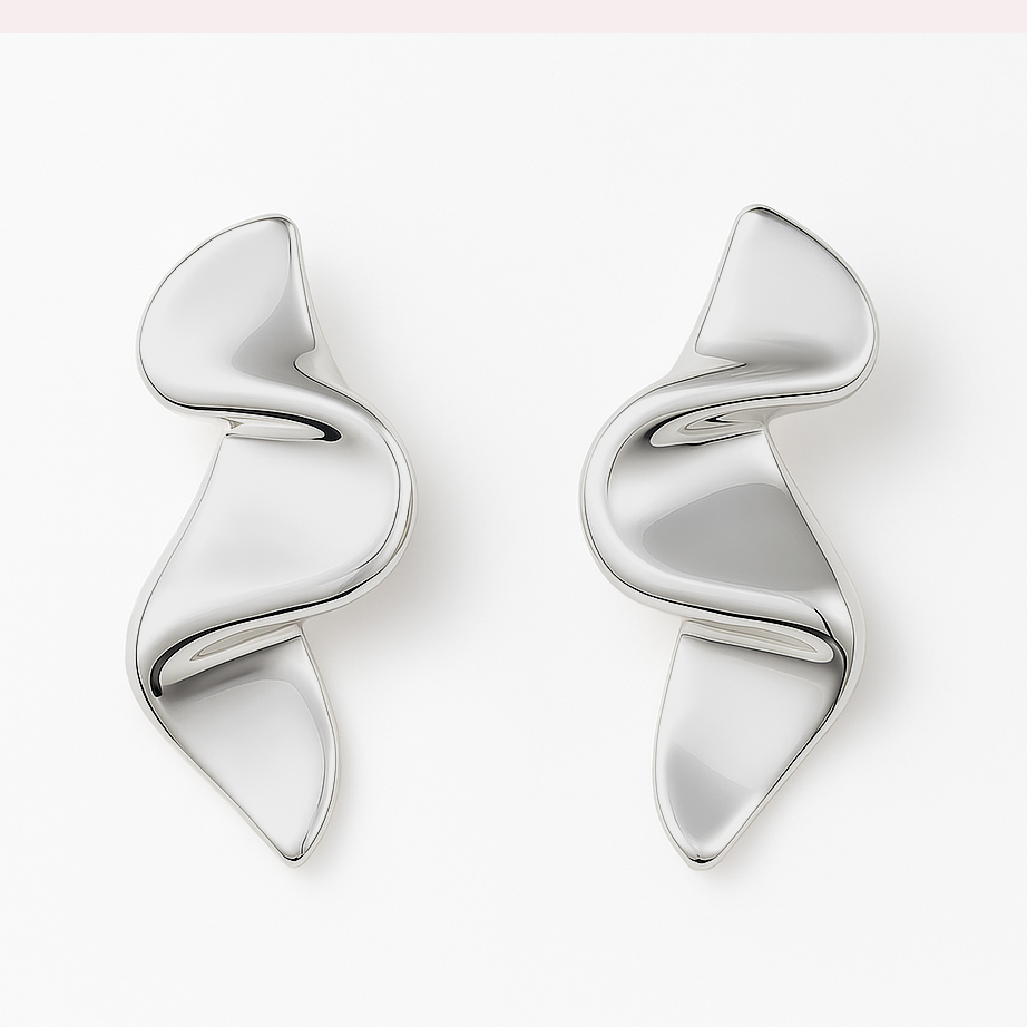 Silver Wave Stud Earrings on a white background
