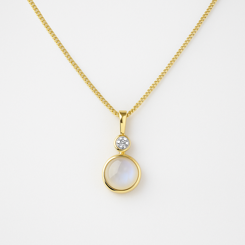 Gold necklace with a pendant featuring a moonstone and small cubic zirconia on a white background