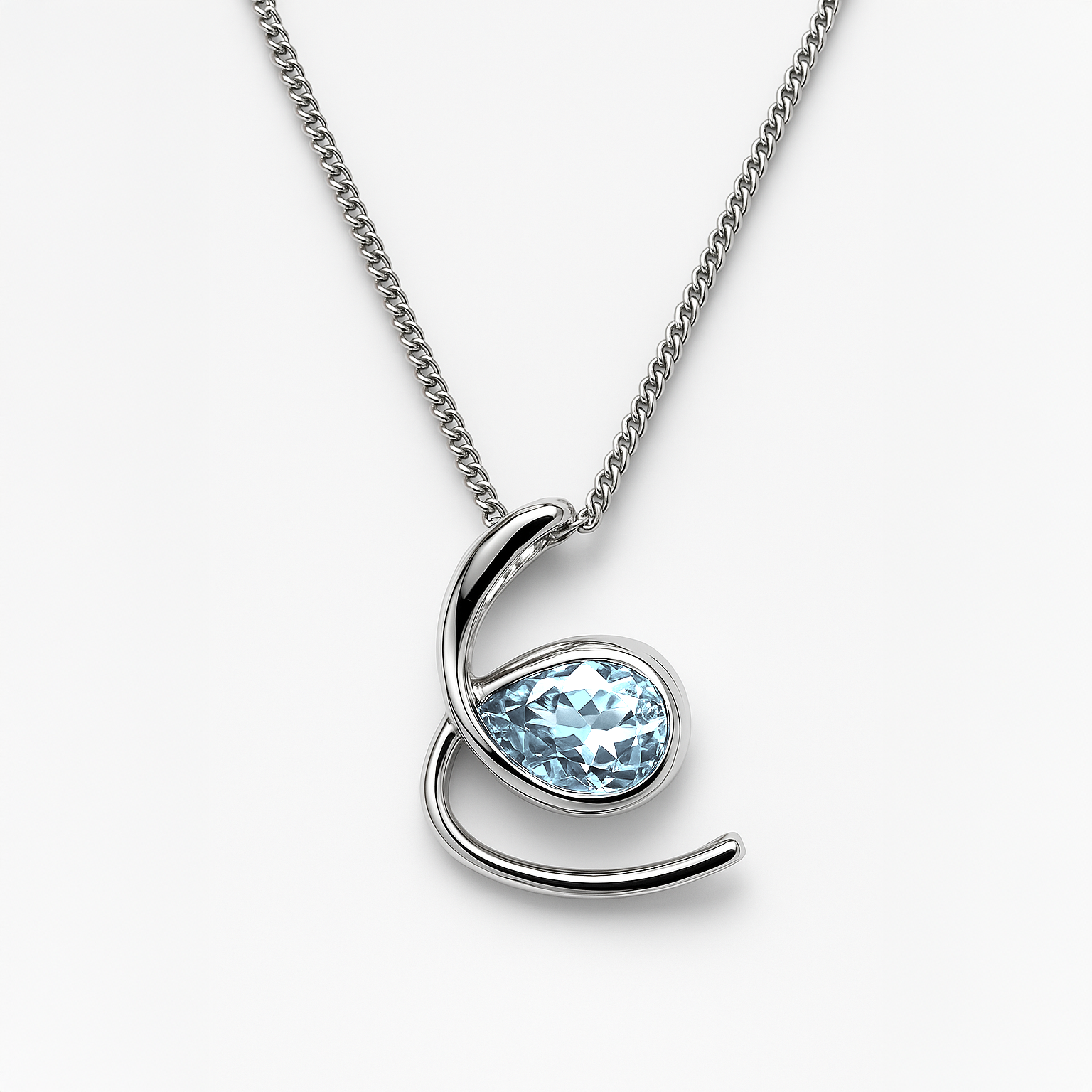 Silver necklace with a blue gemstone pendant on a white background