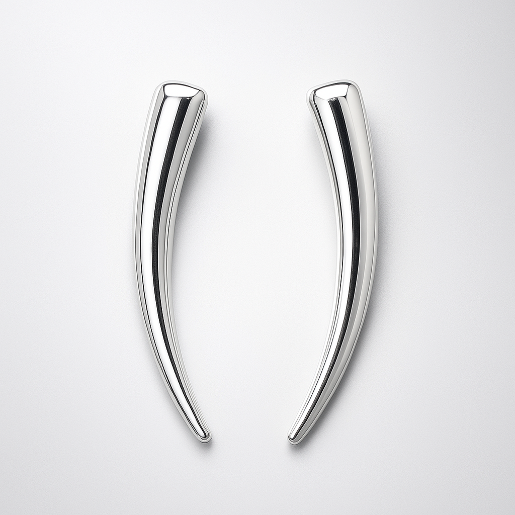 Pair of silver curved earrings on a light grey background