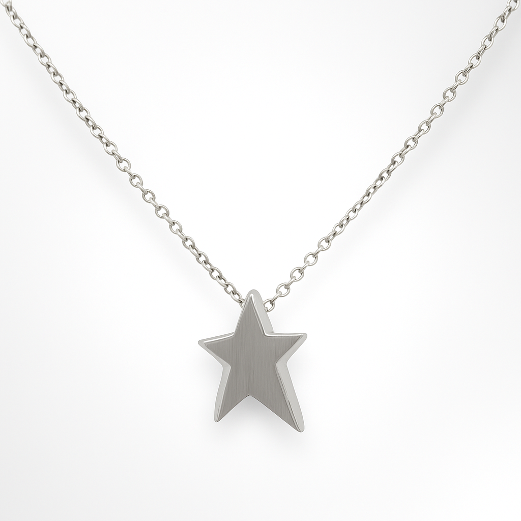 Silver star pendant on a chain against a white background