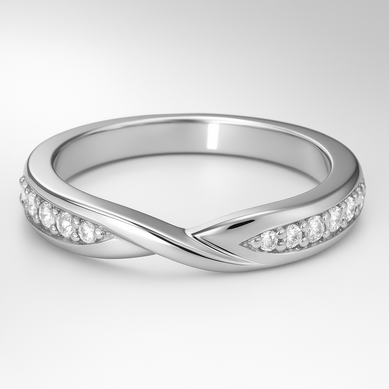 White Gold Twist Diamond Wedding Ring on a White Background