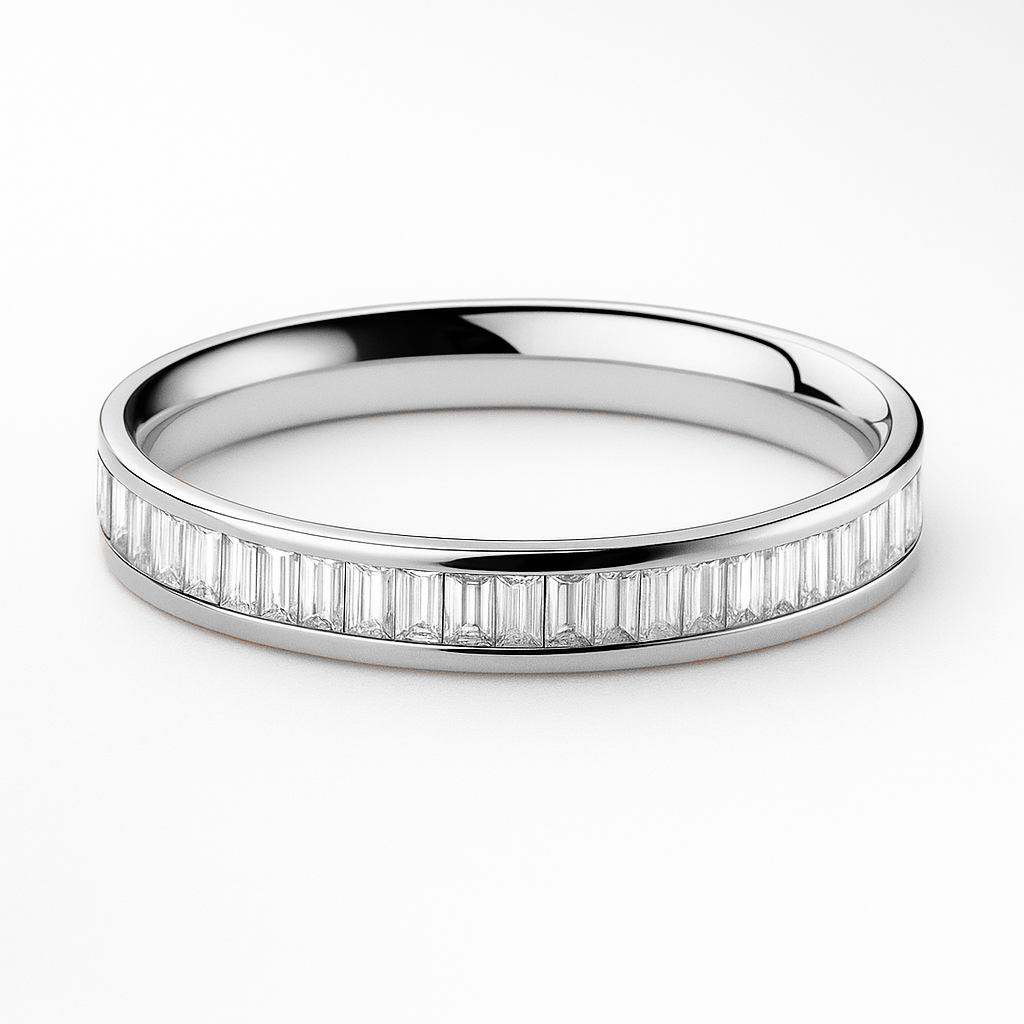 White gold ring with baguette-cut diamonds on a white background