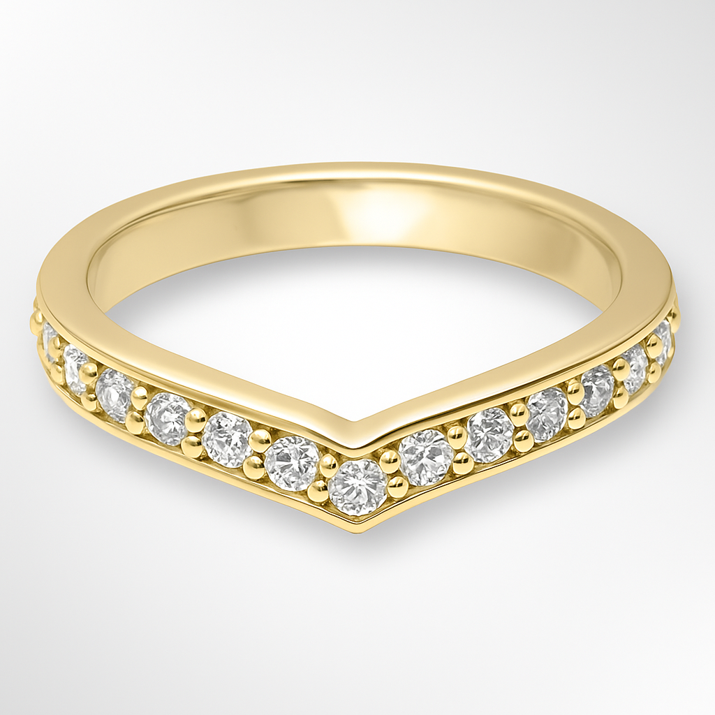 Yellow Gold V Shaped Diamond Wedding Ring on a White Background