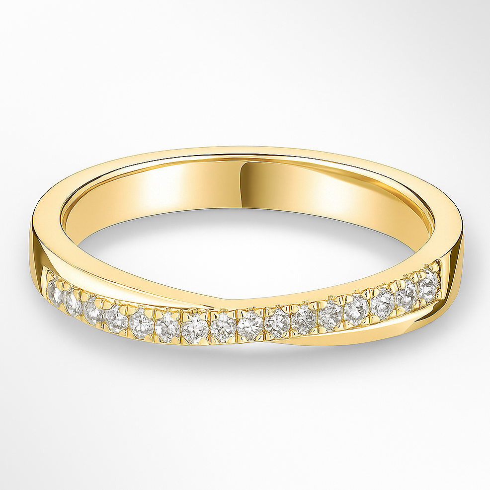 Yellow Gold Shaped Crossover Diamond Wedding Ring on a White Background