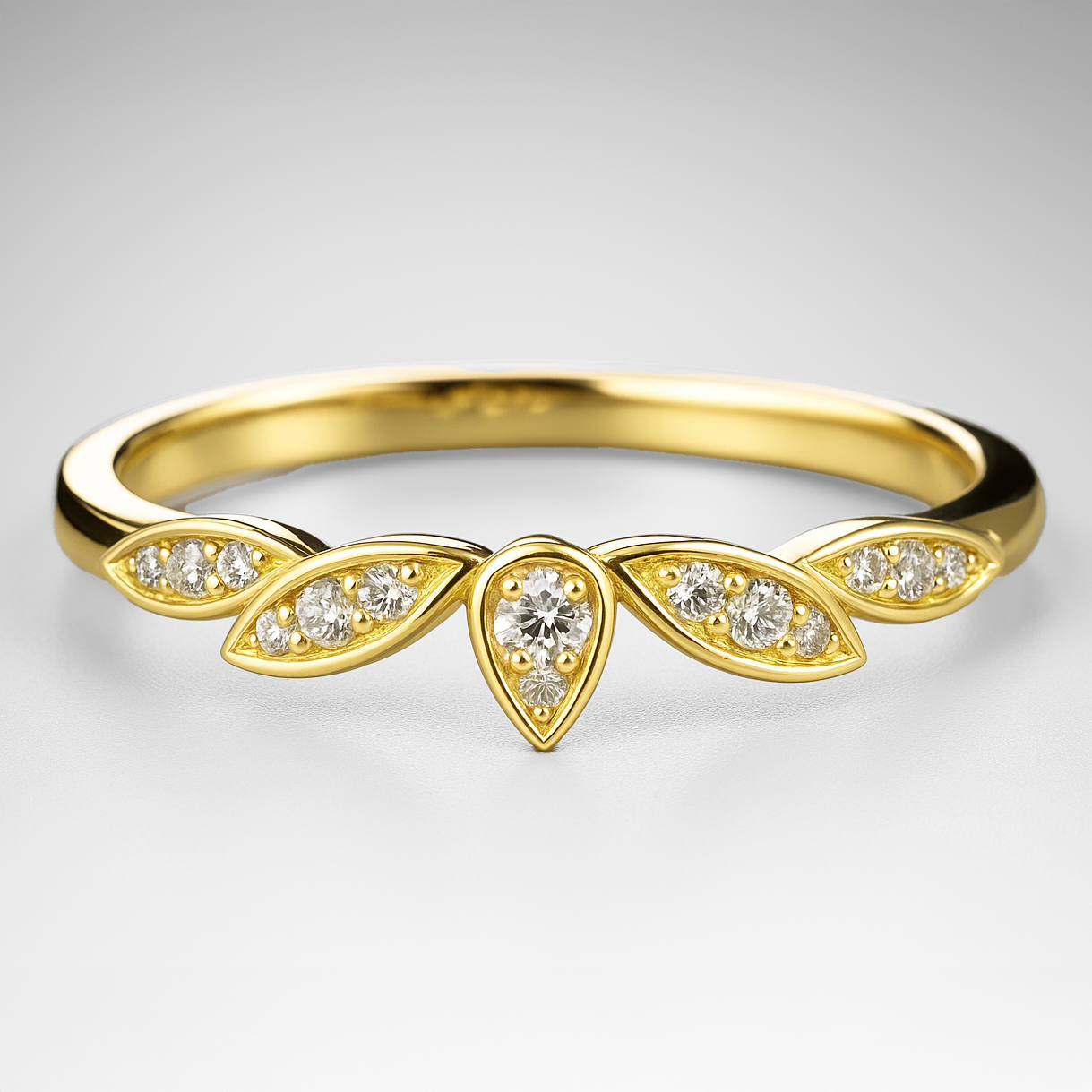 Yellow Gold Floral Wedding Ring with Diamond Accents on a grey background
