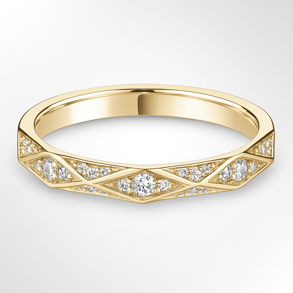 Yellow Gold Geometric Pattern Diamond Wedding Ring on a White Background