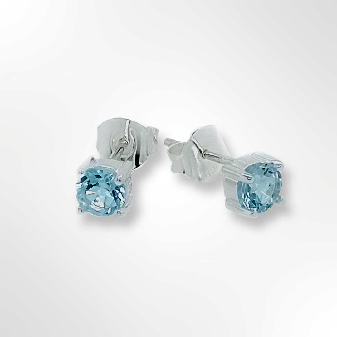 Silver Round Blue Topaz 4 Claws Set Stud Earrings