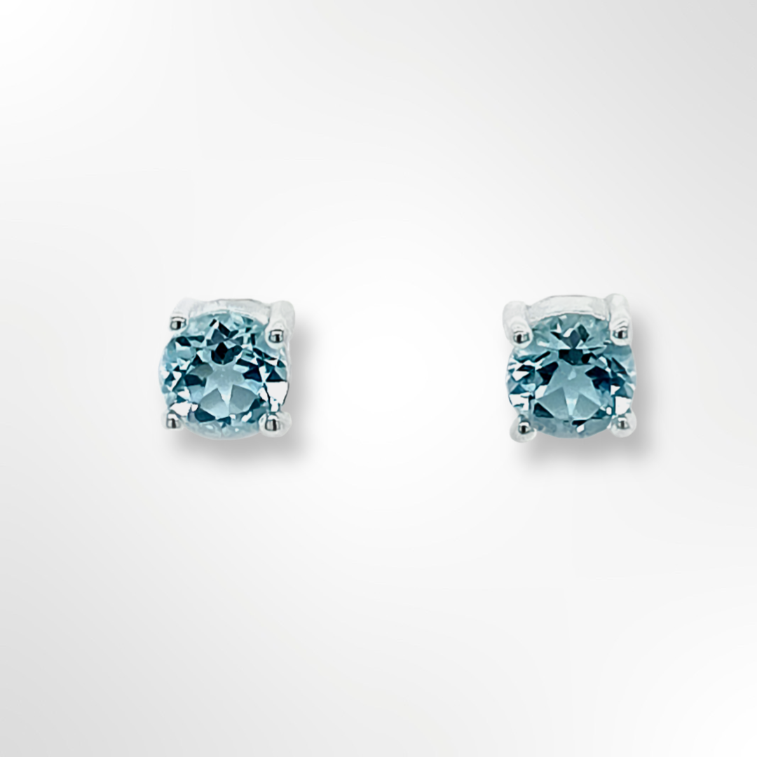 Silver Round Blue Topaz 4 Claws Set Stud Earrings