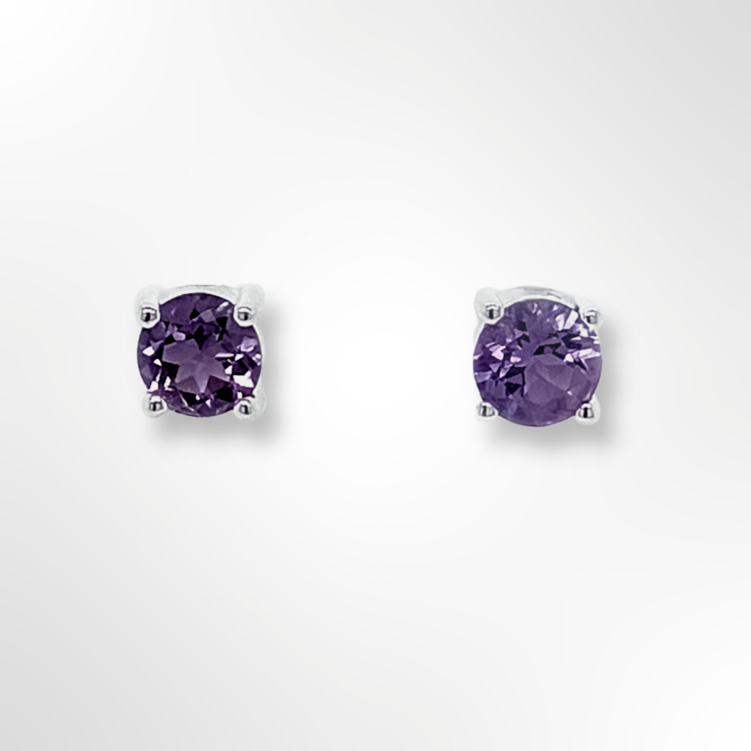 Silver Round Amethyst 4 Claws Set Stud Earrings 